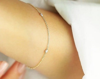 Link Diamond Bracelet by SagittariusFineJwlr,4 Diamond Gold Bracelet,Double Side Bracelet,Minimalist Stackable Bracelet
