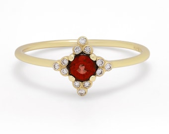 Dainty 14K Gold Ruby Ring with Diamonds, July Birthstone