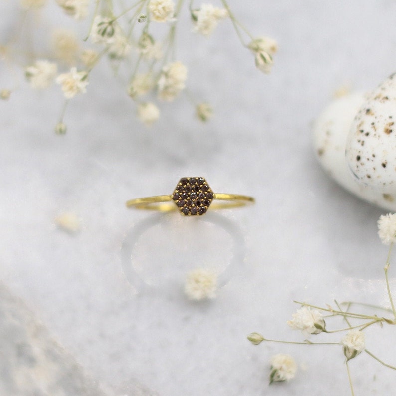 Black Diamond Pave Ring by SagittariusFineJwlr,Geometric Gold Pave Ring,Hexagon Stacking Ring,Sweet 16 Gift for Girls image 4