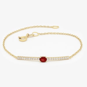 Diamonds and Ruby Bracelet,Pave Bar Gold Bracelet with Oval Cut Real Ruby,Elegant Line Bar Bracelet with Ruby,Valentines Gift