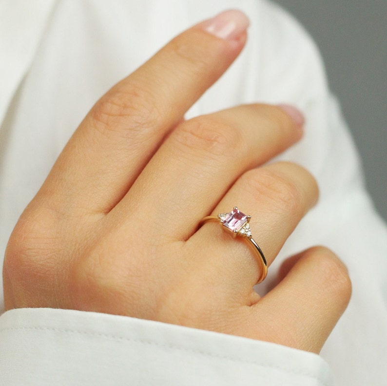 Natural Pink Sapphire Engagement Ring,Emerald Cut Pink Sapphire Ring,Pink Sapphire Gold Ring with Diamonds,Anniversary Ring,Cyber Monday image 5