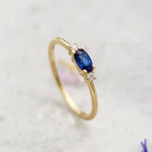 Three Stone Engagement Ring by SagittariusFineJwlr,Blue Sapphire and Diamond Ring,Oval Blue Sapphire Ring,September Birthstone image 2