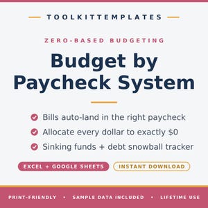 Może przedstawiać: Cyfrowy szablon zatytułowany TOOLKITTEMPLATES Zero-Based Budgeting Budget by Paycheck System. Funkcje obejmują automatyczne przypisywanie rachunków, alokację każdego dolara do zera oraz śledzenie funduszy i zadłużenia.