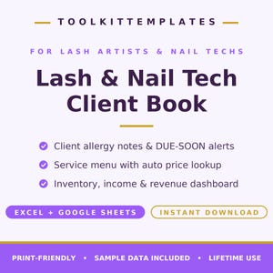 Puede incluir: Una plantilla de libro de clientes digital para artistas de pestañas y técnicos de uñas titulada Lash & Nail Tech Client Book. Incluye secciones para notas de alergias, alertas, menús de servicios y paneles de inventario e ingresos.