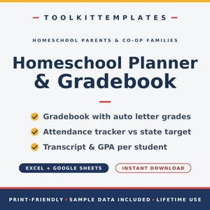 Könnte beinhalten: Eine digitale Homeschool-Planer- und Notenbuchvorlage mit dem Text TOOLKITTEMPLATES, HOMESCHOOL PARENTS & CO-OP FAMILIES, Homeschool Planner & Gradebook sowie Funktionen für automatische Noten, Anwesenheitsverfolgung und GPA pro Schüler.
