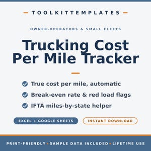 May include: A digital Trucking Cost Per Mile Tracker template for owner-operators and small fleets. Features include automatic true cost per mile, break-even rate, red load flags, and IFTA miles-by-state helper for Excel and Google Sheets.