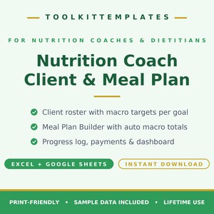 Könnte beinhalten: Eine digitale Vorlage für Ernährungsberater mit dem Titel Nutrition Coach Client & Meal Plan. Enthält eine Kundenliste, einen Ernährungsplan-Ersteller und ein Fortschrittsprotokoll. Kompatibel mit Excel und Google Sheets, sofortiger Download.