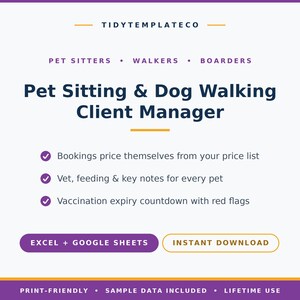 Puede incluir: Una plantilla digital titulada Pet Sitting & Dog Walking Client Manager de TIDYTEMPLATECO. Incluye precios automáticos de reservas, notas de cuidado de mascotas y seguimiento de vacunas. Compatible con Excel y Google Sheets.