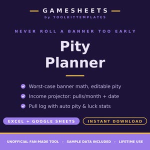 May include: A dark purple digital template titled Gamesheets by Toolkittemplates featuring the Pity Planner. Text includes Never Roll A Banner Too Early, Worst-case banner math, Income projector, and Pull log. Includes Excel + Google Sheets access.