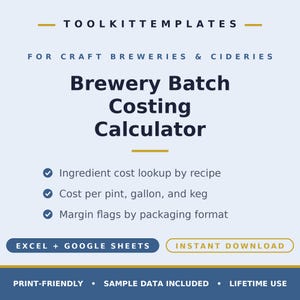 May include: A digital template titled TOOLKITTEMPLATES FOR CRAFT BREWERIES & CIDERIES Brewery Batch Costing Calculator. Features include ingredient cost lookup, cost per pint, gallon, and keg, and margin flags. Compatible with Excel and Google Sheets.