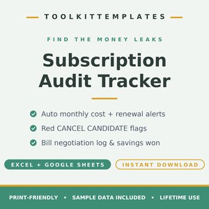 May include: A digital Subscription Audit Tracker template by TOOLKITTEMPLATES. Features include auto monthly cost and renewal alerts, red cancel candidate flags, and a bill negotiation log. Compatible with Excel and Google Sheets, this file is an instant download, print-friendly, includes sample data, and is designed for lifetime use.