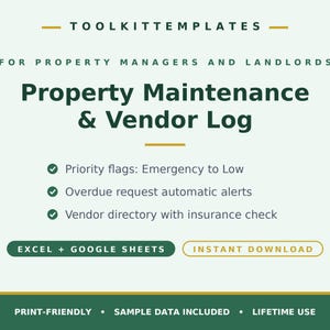 Property Manager Maintenance Log - Vendor Tracker, Repair Requests, Maintenance Dashboard Excel
