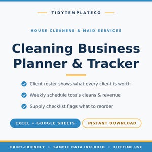 以下が含まれることがあります： TIDYTEMPLATECOによる清掃業向けビジネスプランナー＆トラッカーのデジタルテンプレート。顧客リスト、清掃と収益の週間スケジュール、備品チェックリストが含まれています。ExcelおよびGoogleスプレッドシートに対応しており、即時ダウンロードが可能です。