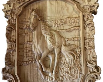 Arte de pared de caballo de madera 3D / Relieve de madera tallada CNC / Decoración rústica para el hogar / Regalo hecho a mano para amantes de los caballos / Placa de madera natural
