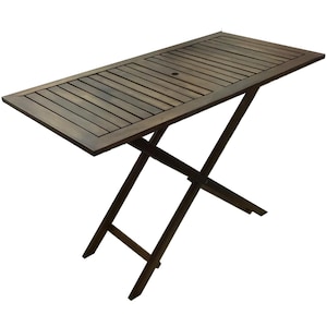 May include: A rectangular, dark brown wooden folding table. The tabletop features a slatted design with a small hole in the center. The legs form an X-shape, providing support. This outdoor table is perfect for a patio or deck.