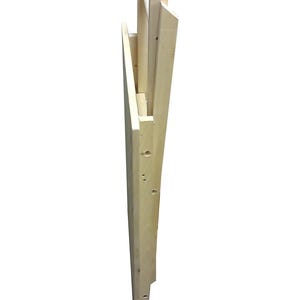 May include: A light-colored, wooden folding chair, viewed from the side. The chair is constructed from multiple rectangular wooden pieces, with visible joints and screw holes. The chair is partially folded, showcasing its compact design.