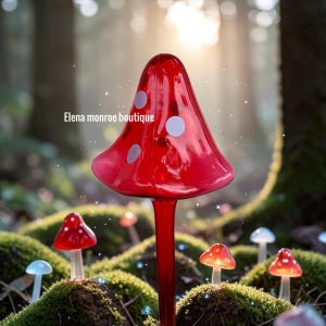 May include: A large, glossy red glass mushroom sculpture with white circular spots on the cap, featuring the text Elena monroe boutique. The sculpture is surrounded by several smaller, illuminated glass mushrooms in red and blue hues.