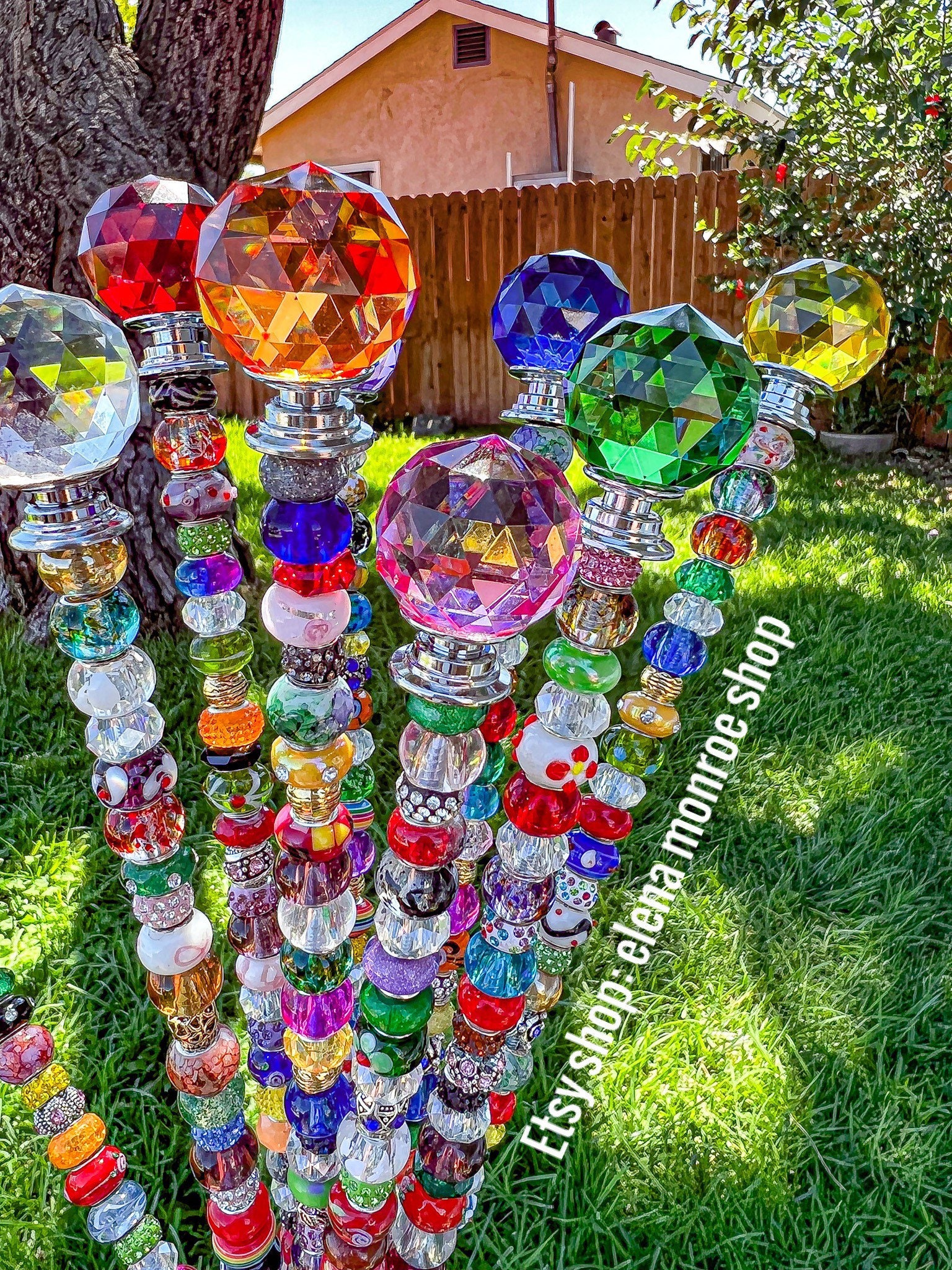 14 inch jeweled garden stake, planter stake, round prism garden stick, fairy garden stake, plant bling, potted plant stake, colorful, pretty