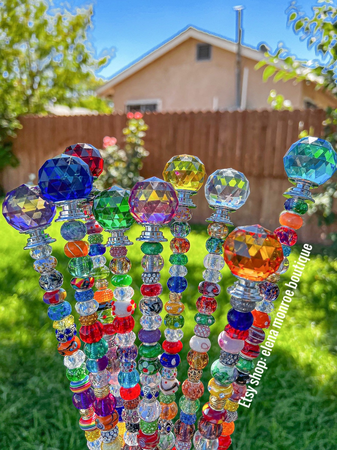 14 Inch Round Top Crystal Garden Stake, Fairy Garden Stake, Plant Bling