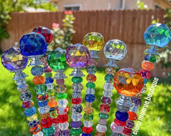 25 inch, 14 inch round top crystal garden stake, fairy garden stake, plant bling, potted plant stake, gift for her, rainbow catcher stake