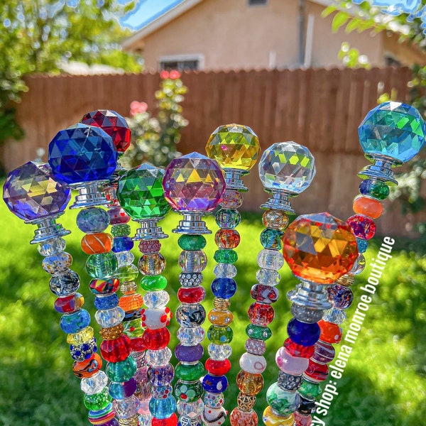 25 inch, 14 inch round top crystal garden stake, fairy garden stake, plant bling, potted plant stake, gift for her, rainbow catcher stake