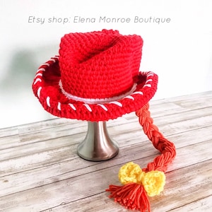 Crochet jessie hat, baby-adult crochet cowgirl hat, jessie the cowgirl hat, jessie costume hat, girl hat, storybook costume accessories
