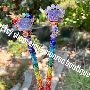 Raw Amethyst Chakra Garden Stake: Rose Quartz Beaded Art, Pagan New Age Healing Stone