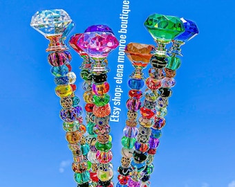 25inch, 14 inch 7 inch Long fairy garden stakes, glass bead garden wands, crystal top garden stake, outdoor suncatcher,, jeweled garden wand