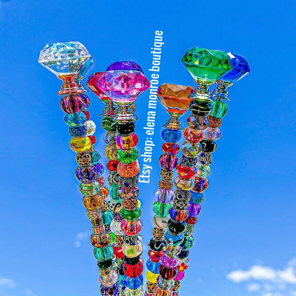 25inch, 14 inch 7 inch Long fairy garden stakes, glass bead garden wands, crystal top garden stake, outdoor suncatcher,, jeweled garden wand