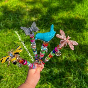 14inch Jeweled dragonfly stake, fairy garden decor, jewelry for plants, potted glass  bead stick, butterfly  plant stake, bee theme stake