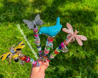 14inch Jeweled dragonfly stake, fairy garden decor, jewelry for plants, potted glass  bead stick, butterfly  plant stake, bee theme stake