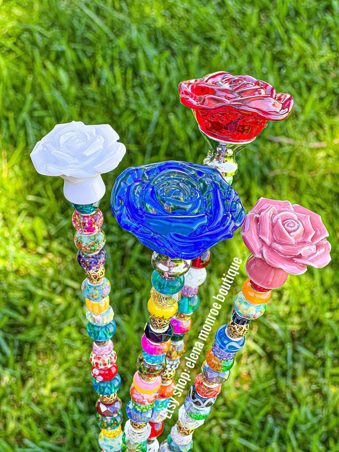 14 Inch Jeweled Rose Garden Stake Rose Theme Jeweled Fairy Etsy