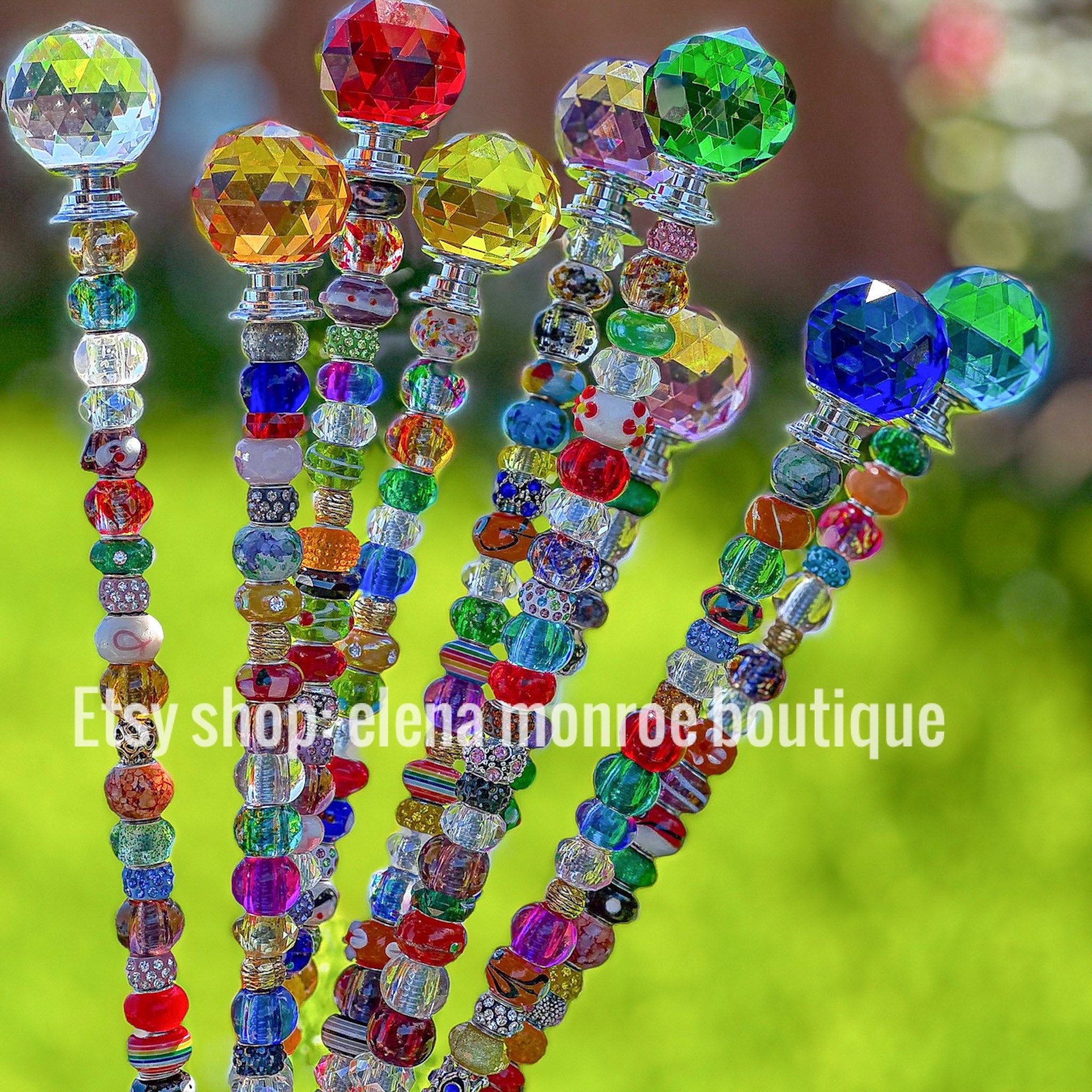 14 inch jeweled garden stake, planter stake, round prism garden stick, fairy garden stake, plant bling, potted plant stake, colorful, pretty