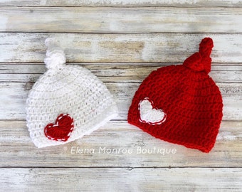 Crochet Valentine's Day theme top knot beanie, baby's first Valentine's Day, baby Valentine's Day hat, newborn valentine's Day costume