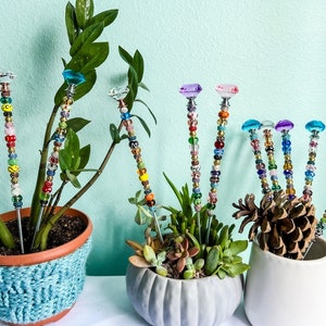 May include: A set of colorful beaded plant stakes with crystal tops. The stakes are inserted into three different potted plants, including a succulent and a leafy plant.