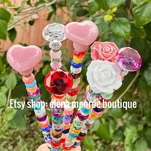 25 inch,14inch Valentine’s jeweled garden stakes, heart theme fairy stake, ceramic rose  glass jeweled garden stake, bereavement gift, love