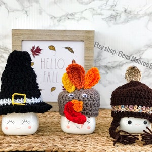 Crochet Thanksgiving Marshmallow Mug Hat: Turkey, Pilgrim, Native
