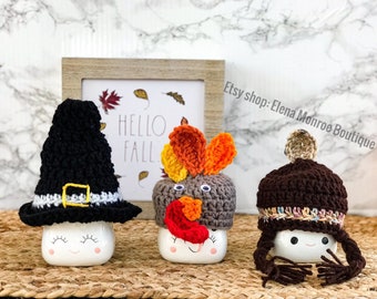Crochet Thanksgiving Marshmallow Mug Hat: Turkey, Pilgrim, Native