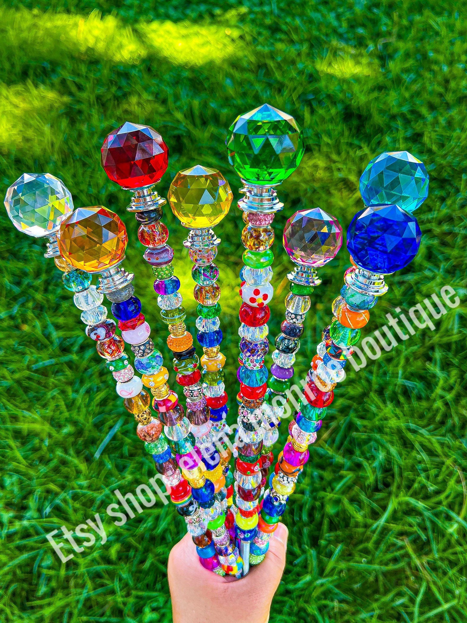 14 inch jeweled garden stake, planter stake, round prism garden stick, fairy garden stake, plant bling, potted plant stake, colorful, pretty