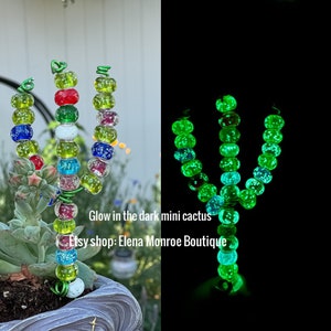 Glass bead glow in the dark cactus plant stake, summer garden yard art, potted plant glass bead stake, nighttime garden decor