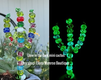 Glass bead glow in the dark cactus plant stake, summer garden yard art, potted plant glass bead stake, nighttime garden decor