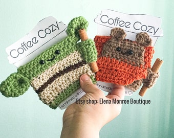 Crochet Alien or Galaxy Bear Cup Cozy with Cinnamon Stick, Christmas gift, baby alien cup sleeve, eco friendly coffee cozy, reusable cozy