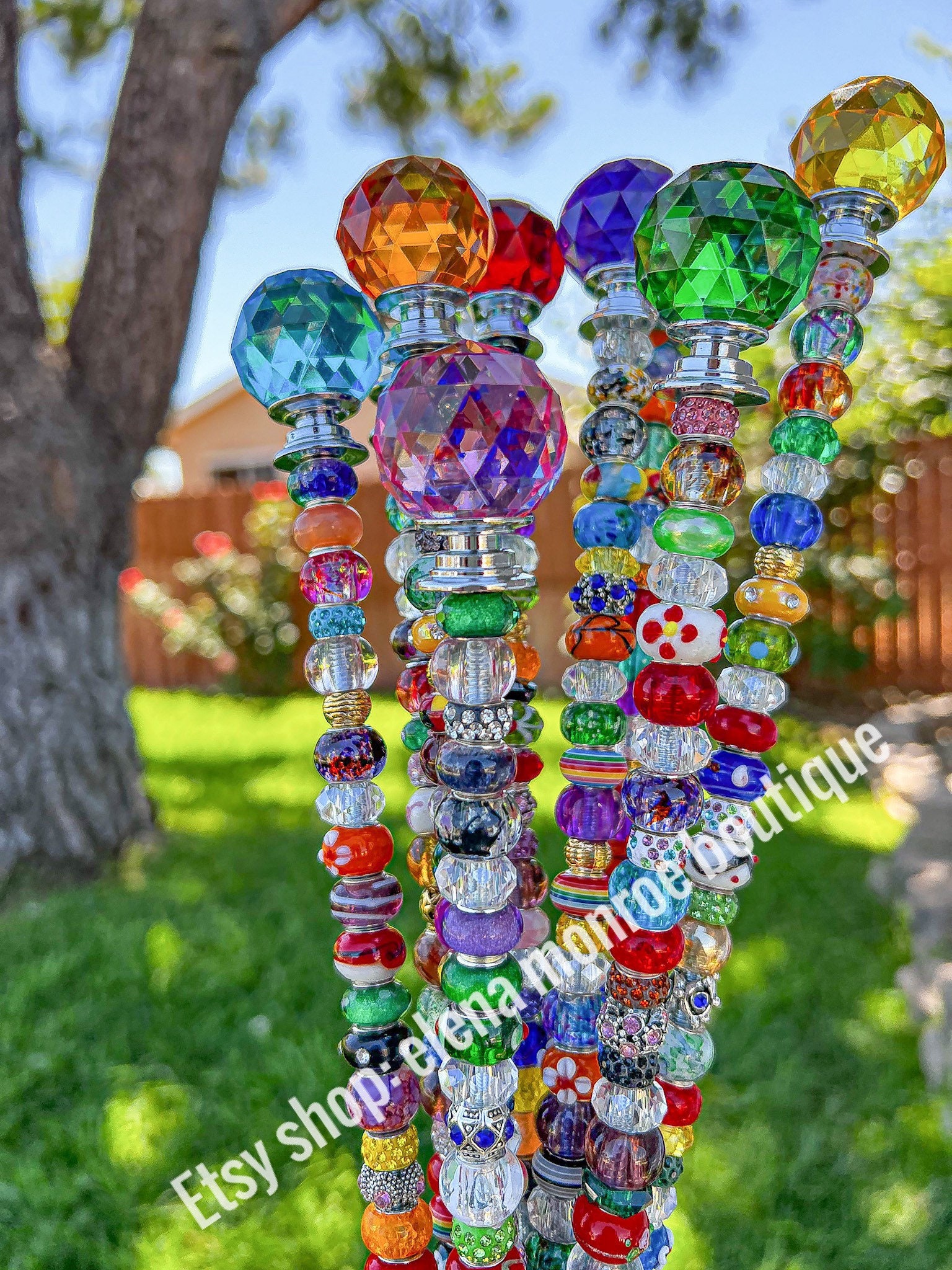 14 inch jeweled garden stake, planter stake, round prism garden stick, fairy garden stake, plant bling, potted plant stake, colorful, pretty