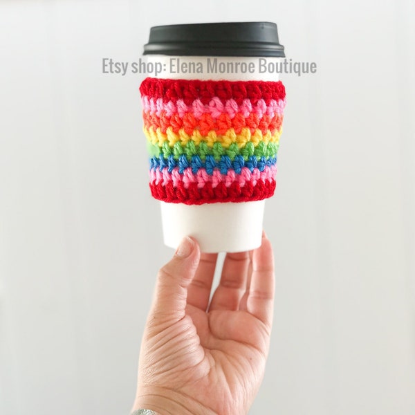 Crochet rainbow cup cozy, rainbow cup cozies, drink sleeve, bright rainbow cozy