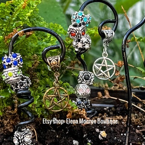 Pagan garden mini shepherd hooks, garden protection charms, Wiccan amulets, fairy garden decor, garden yard art, beaded stakes, pentagram
