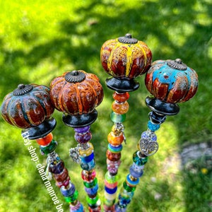 Jeweled Ceramic Pumpkin Garden Stake: Halloween Fairy Garden Decor