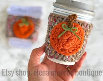 Funda para taza de café de calabaza tejida a crochet hecha a mano: funda para taza con temática otoñal