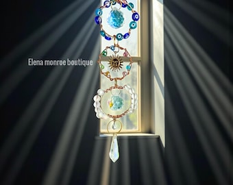 Attrape-soleil mauvais œil, déesse des phases de la lune, amulette attrape-soleil de protection et de positivité, attrape-soleil wicca, observation du cristal, soleil et phases de lune