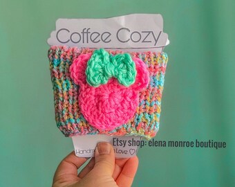 Hand knit summertime minnie coffee cozy, mermaid color cup, stretchy rainbow mouse cozy