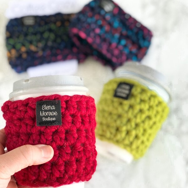 Chunky yarn crochet coffee cozy, minimalist design coffee cozy, coffee cozy with or without shop label, blank coffee cozy, blank cup cozy